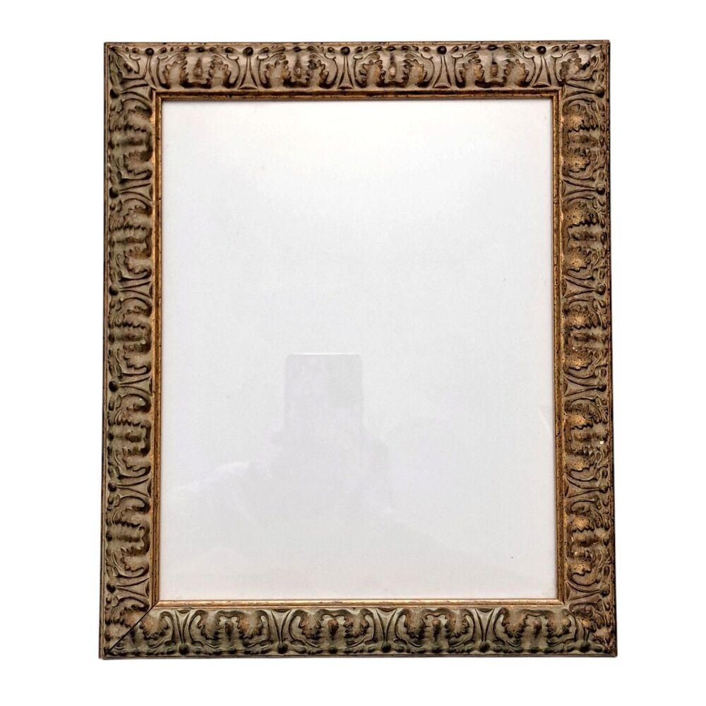 Vintage Wooden Ornate Rococo Photo Frame Gray Golden Tone 11.5 x 9.5 Inch